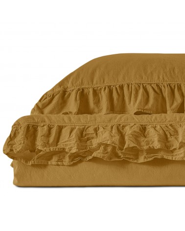 Ekskluzywna pościel bawełna z falbanami 200x220 + 2x70x80cm STONEWASHED Ecru Olive Darymex