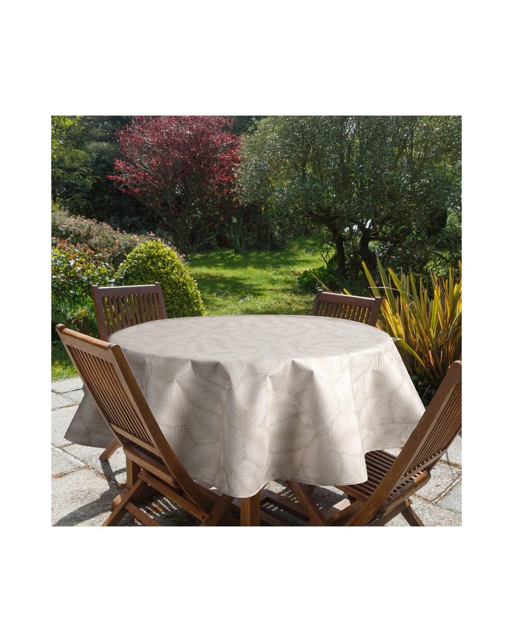 Obrus ogrodowy wodoodporny okrągły 150cm Garden 11E beżowy/biały Eurofirany