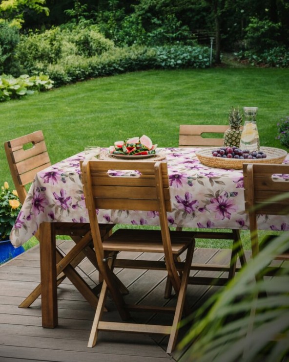 Obrus ogrodowy wodoodporny okrągły 150cm Garden 29E kremowy/różowy Eurofirany