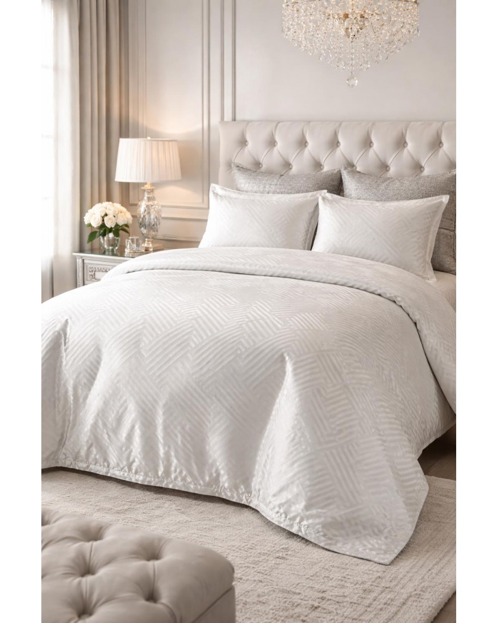 Pościel adamaszek 200x220 + 2x70x80 Geometria biała Matex