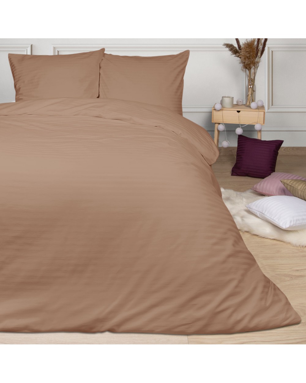 Pościel satyna bawełniana 140x200 + 1x70x80 CIZGILI cinnamon